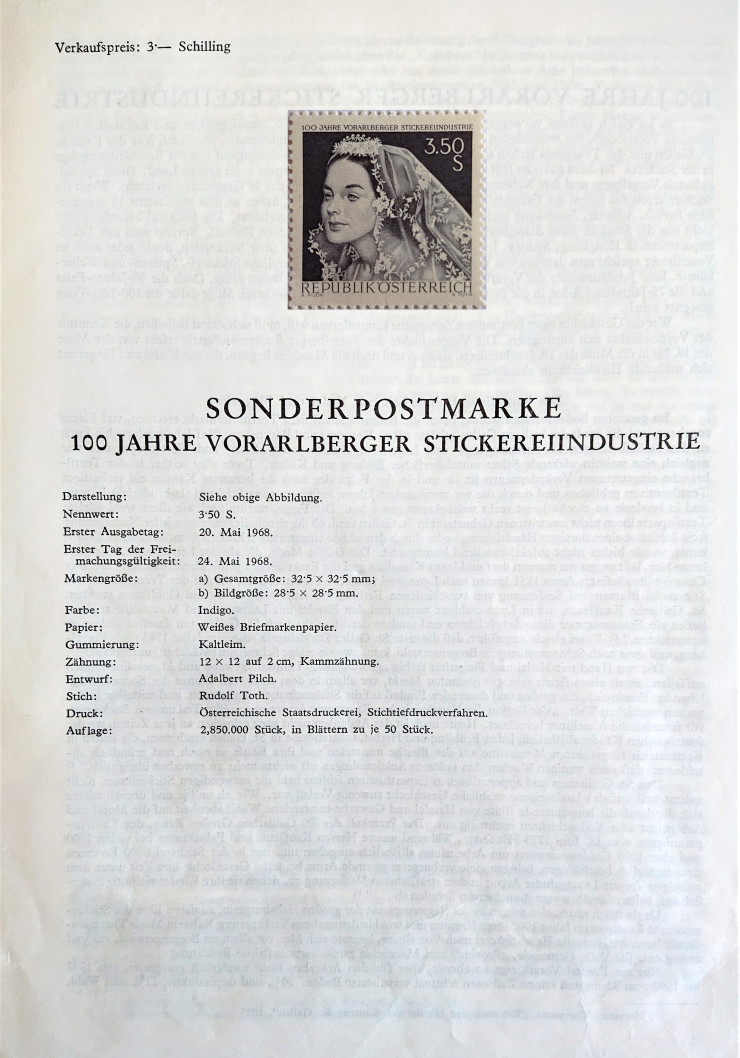 Sonderpostmarke 100 Jahre Vorarlberger Stickereiindustrie